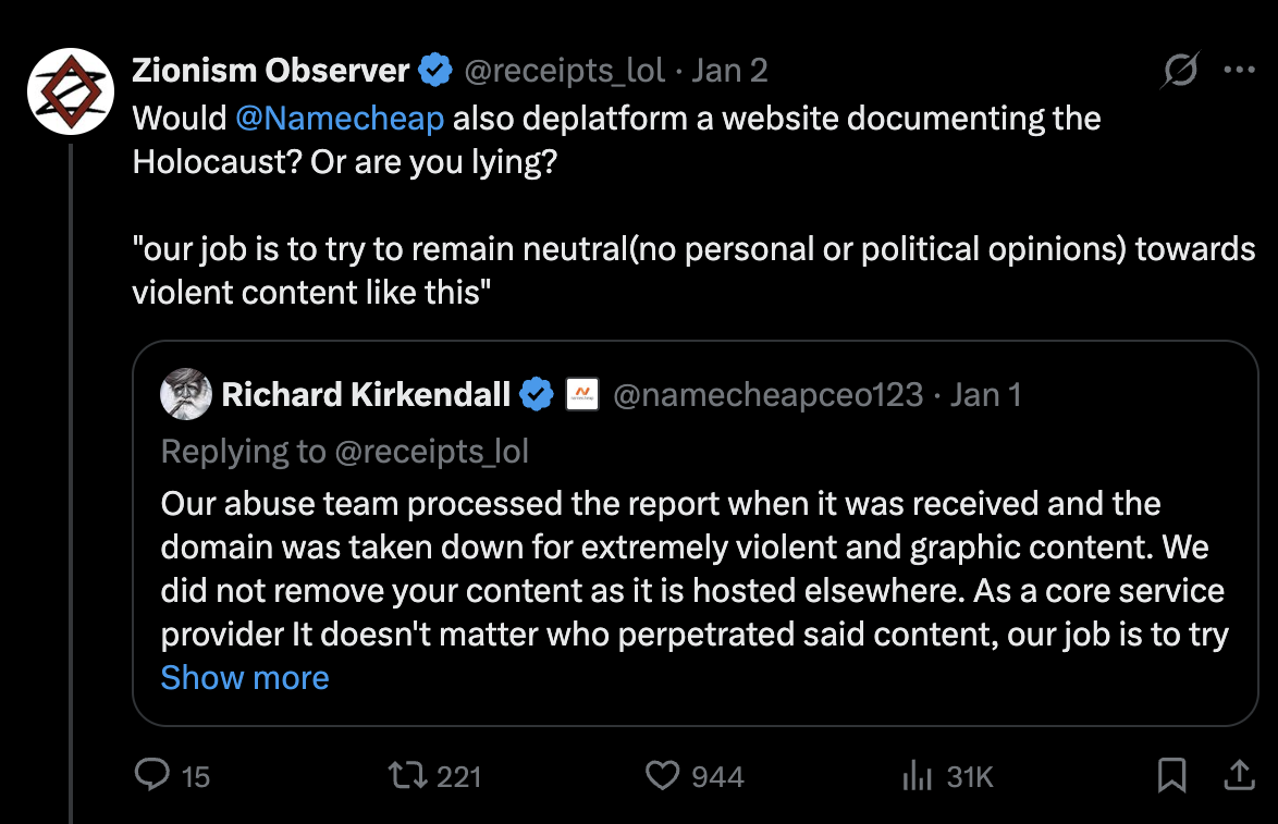 Screen capture from Twitter of Richard Kirkendall saying he would have censored evidence of Nazis gassing Jews